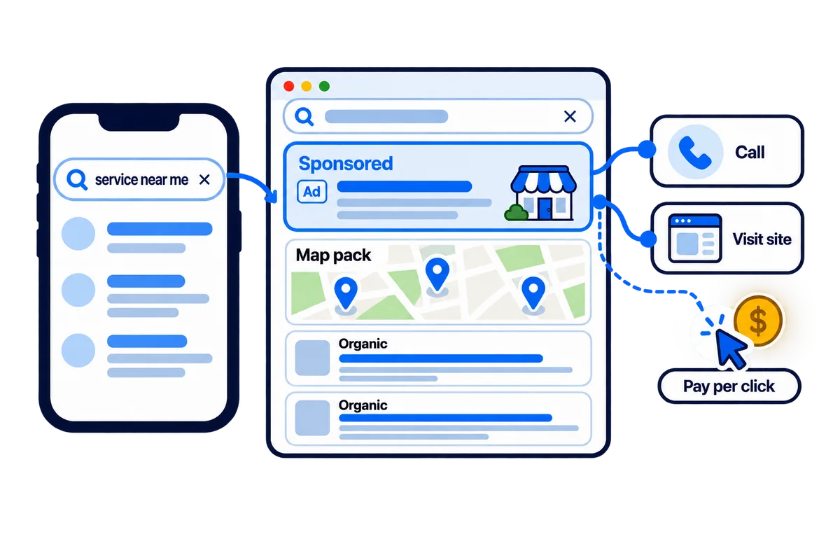 A phone search for “service near me” leading to a results page with a sponsored ad at the top, then the map pack and organic listings, with the ad connecting to Call and Visit site and a pay-per-click marker