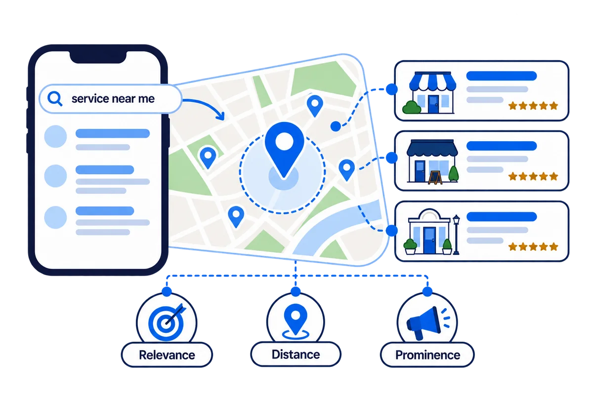 A phone search for “service near me” feeding a map with location pins, three nearby business listings with star ratings, and the three local ranking factors: relevance, distance and prominence