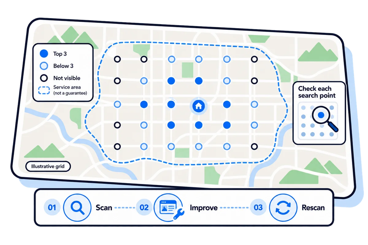 An illustrative map of a service area covered by a grid of search points, with the gaps linked to Business Profile, area content and job record work and a magnifier for the next scan