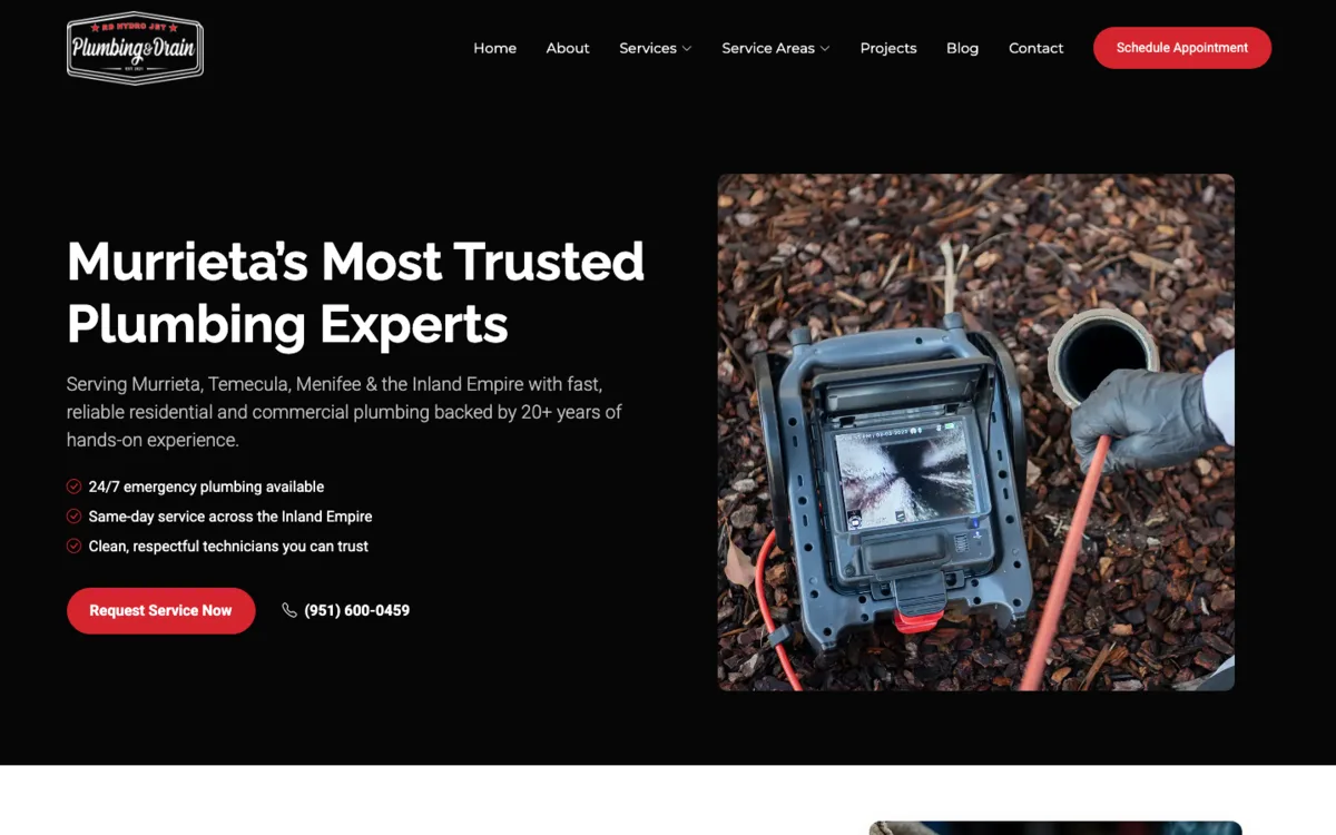 The previous RD Hydro Jet Plumbing & Drain homepage, with a black header, a “Murrieta’s Most Trusted Plumbing Experts” headline and a drain camera photo