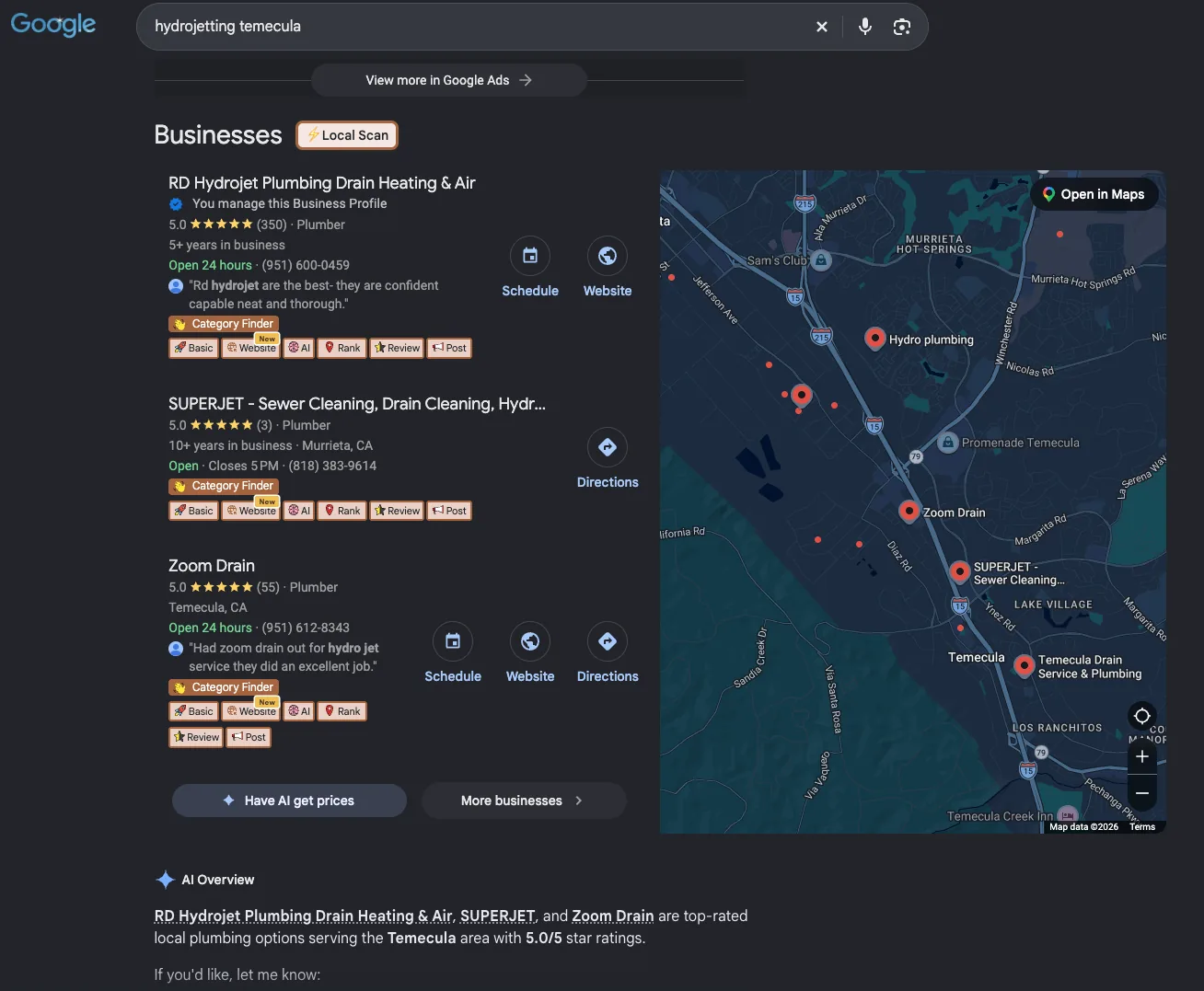 Google Businesses results for hydrojetting temecula with RD Hydrojet Plumbing Drain Heating & Air listed first, 5.0 stars from 350 reviews, beside the map