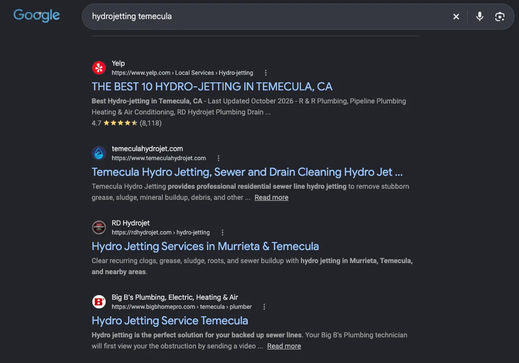 Google organic results for hydrojetting temecula with RD Hydrojet’s hydro jetting page on page one, third after Yelp and a regional competitor