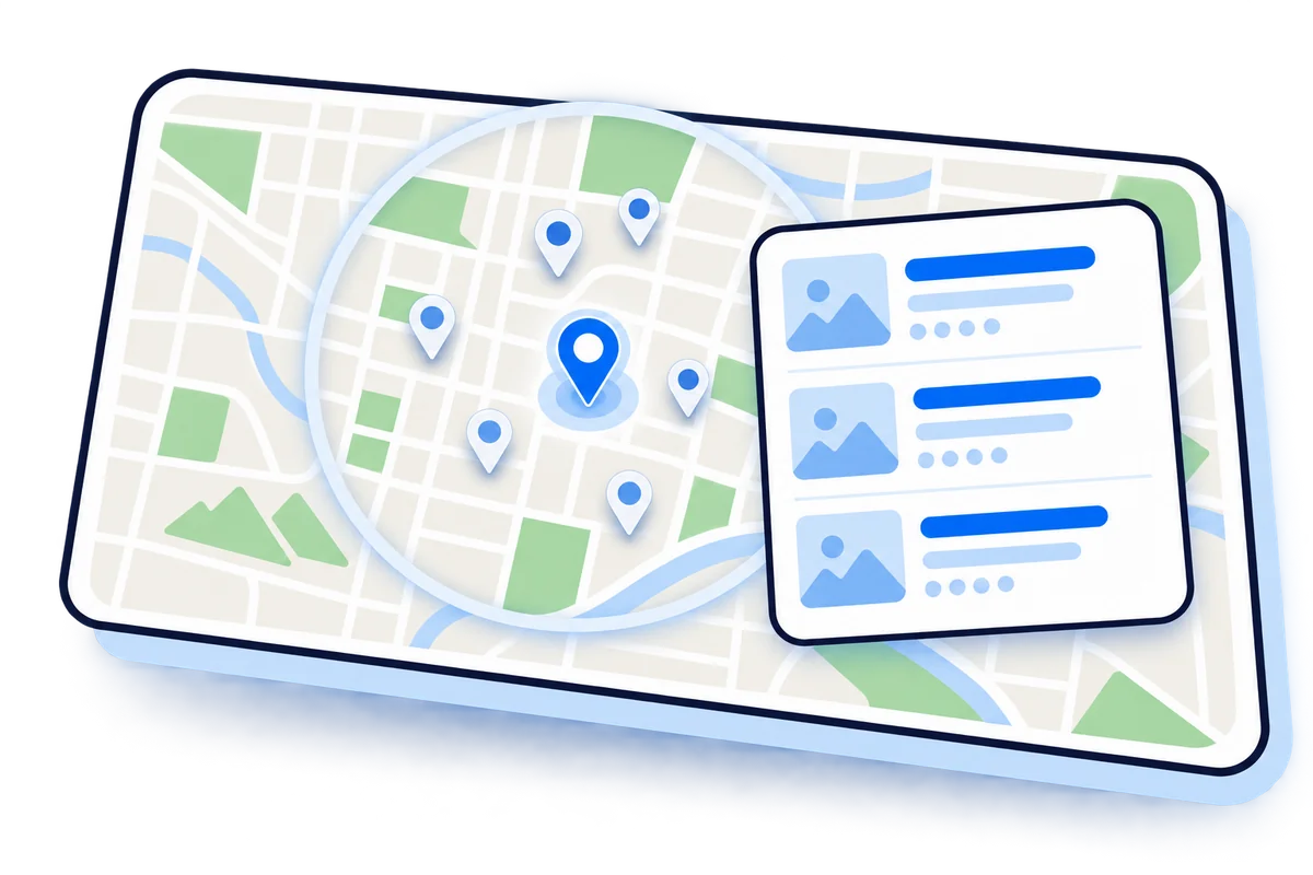 An illustrative map of a compact service area with several competing businesses close together beside a list of three local results