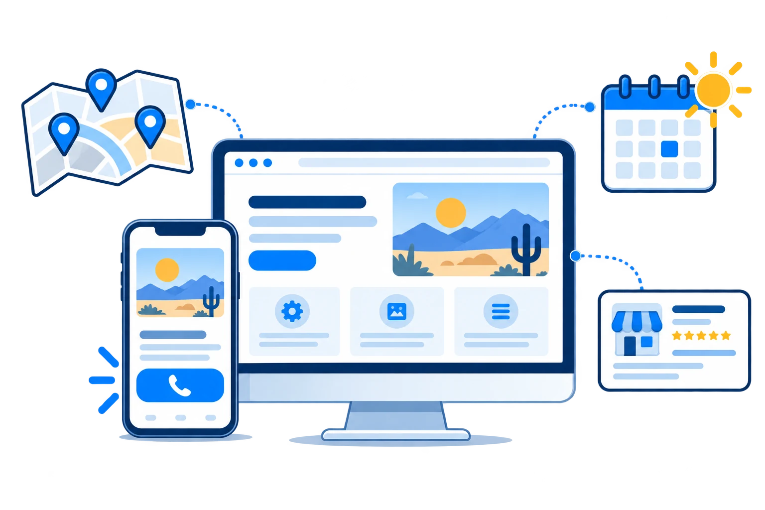 Illustration of a business website connected to a mobile call button, local service area map, seasonal calendar and business profile