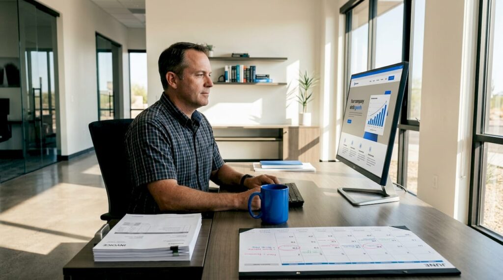 Business owner checking website at storefront office