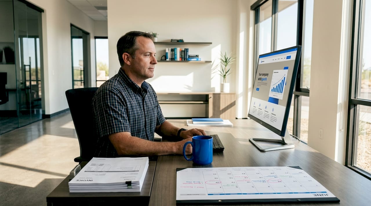 Business owner checking website at storefront office