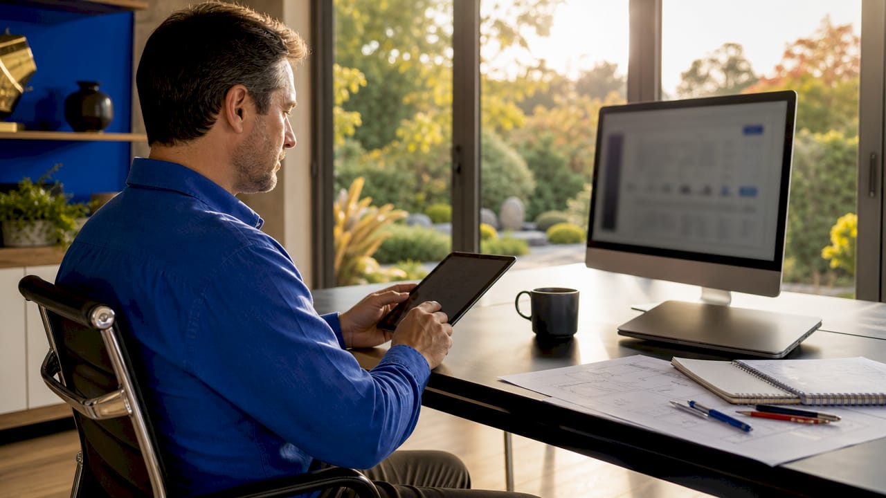 Contractor working on digital marketing tablet