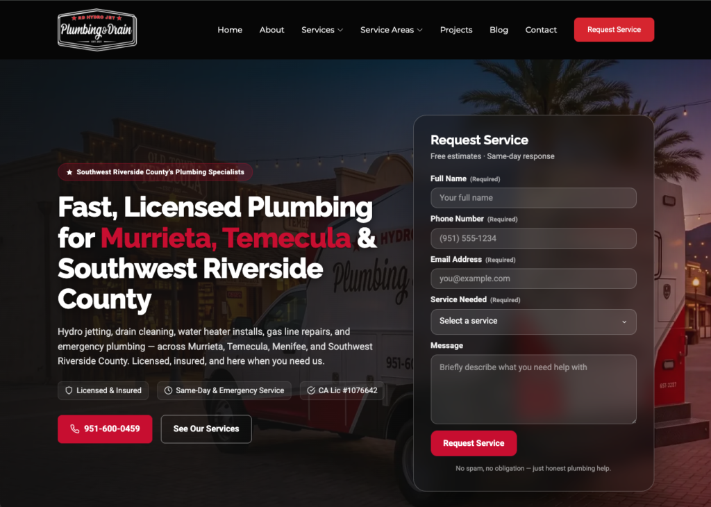 RD Hydrojet Plumbing & Drain Heating & Air website screenshot