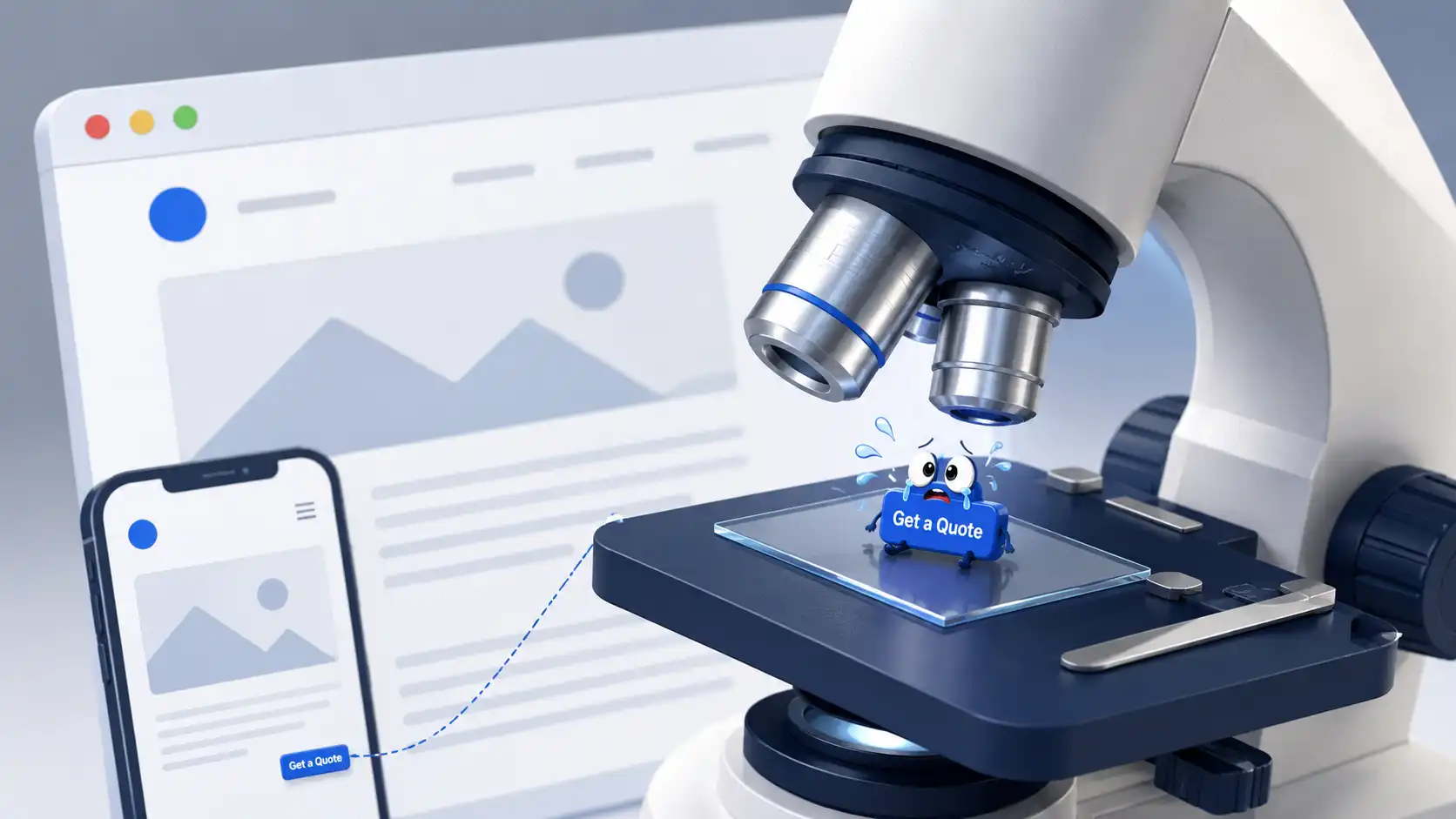 Illustration of a tiny crying Get a Quote button under a microscope, showing why mobile buttons need to be easy to tap.