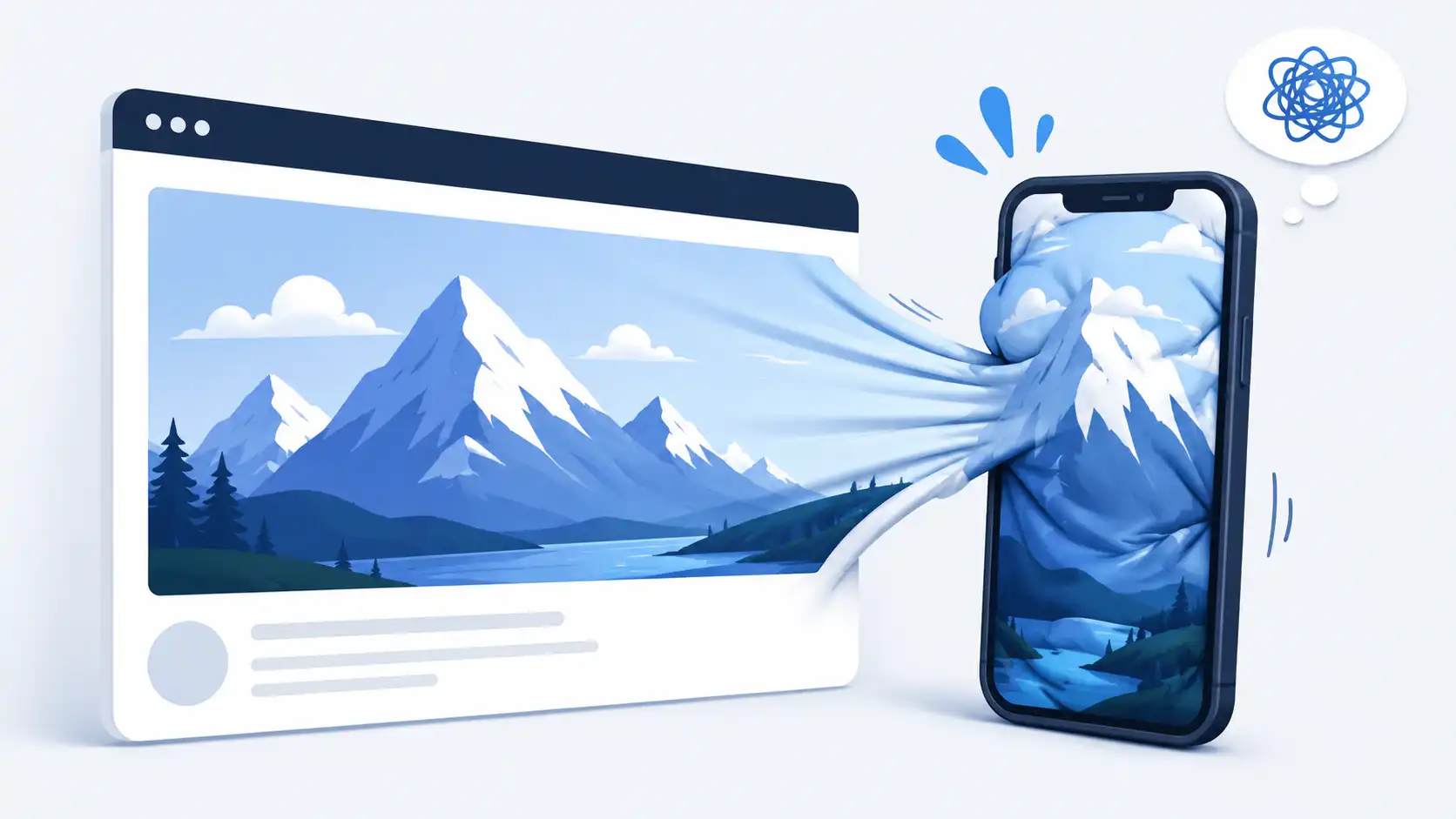 Illustration of a large website image being squeezed into a mobile phone screen, showing why responsive images matter.