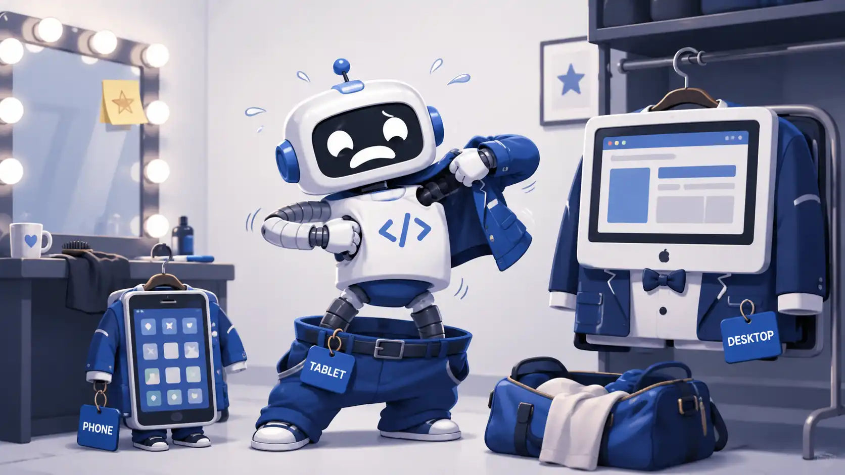 Illustration of a stressed website robot changing between phone, tablet, and desktop outfits to show the extra work of adaptive design.