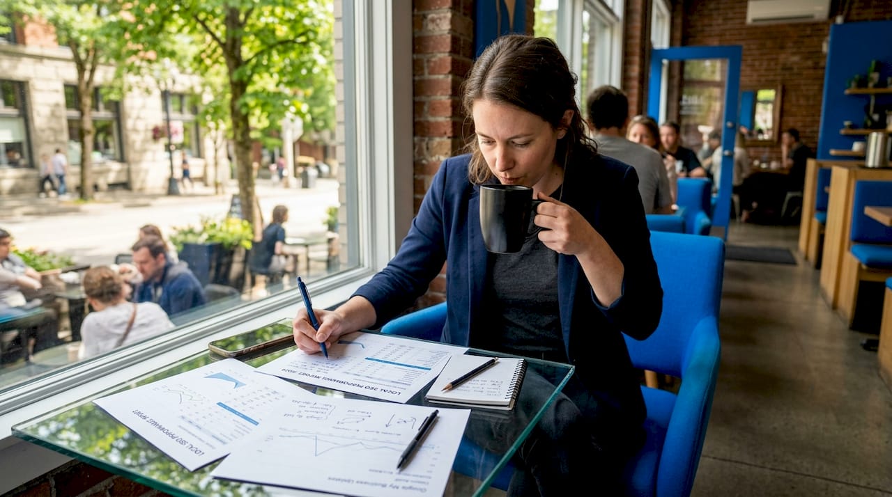 Local SEO contractor working at home office desk