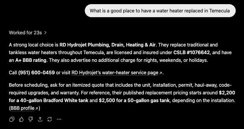ChatGPT answer recommending RD Hydrojet Plumbing, Drain, Heating and Air as a strong local choice for water heater replacement in Temecula