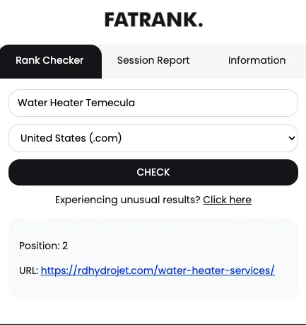 FatRank neutral rank checker reporting position 2 for the RD Hydrojet water heater services URL on the query Water Heater Temecula
