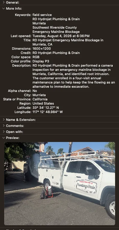 macOS file inspector showing FieldPins keywords, title, description, city and GPS coordinates embedded in an RD Hydrojet job photo from Murrieta