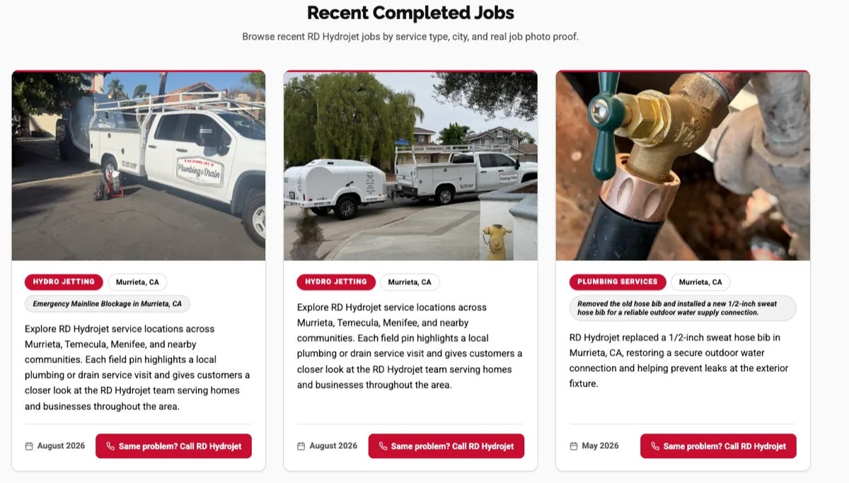 The RD Hydrojet Recent Completed Jobs page showing published job entries by service type and city with real job photo proof and call CTAs