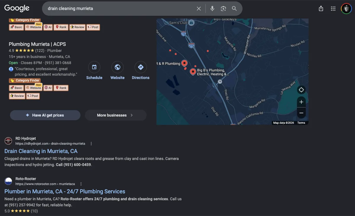 Google search results for drain cleaning murrieta with the RD Hydrojet Murrieta drain cleaning page first in the organic results below the map pack