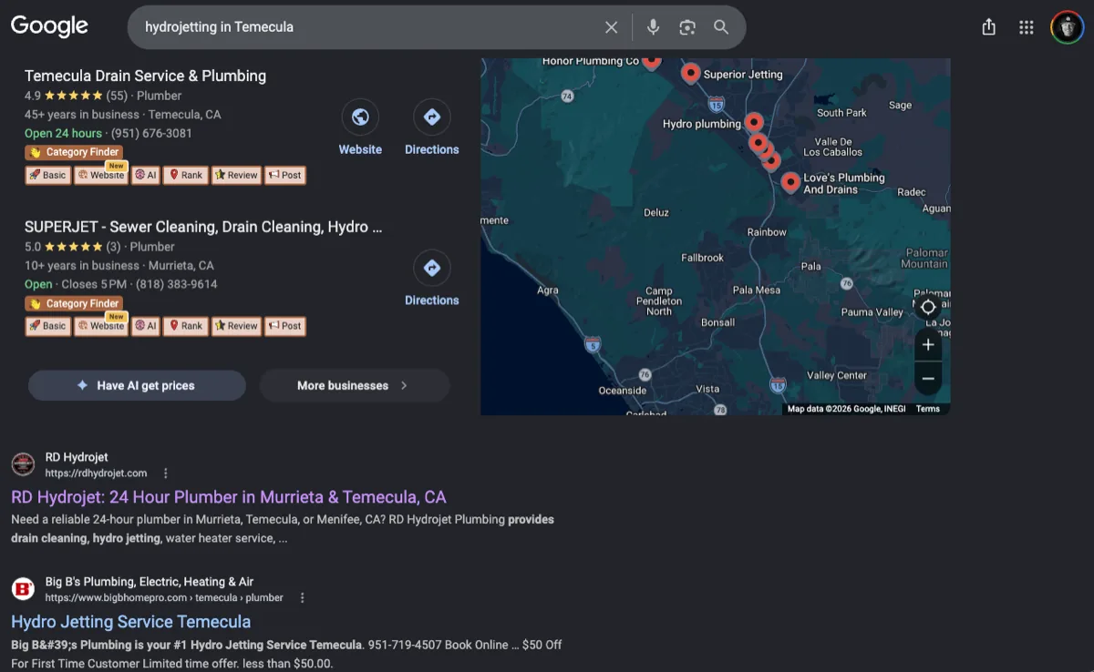 Google search results for hydrojetting in Temecula with the RD Hydrojet homepage first in the organic results below the map pack