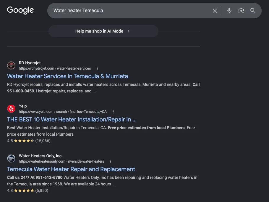 Google search results for Water heater Temecula with the RD Hydrojet water heater services page in the first organic position above Yelp
