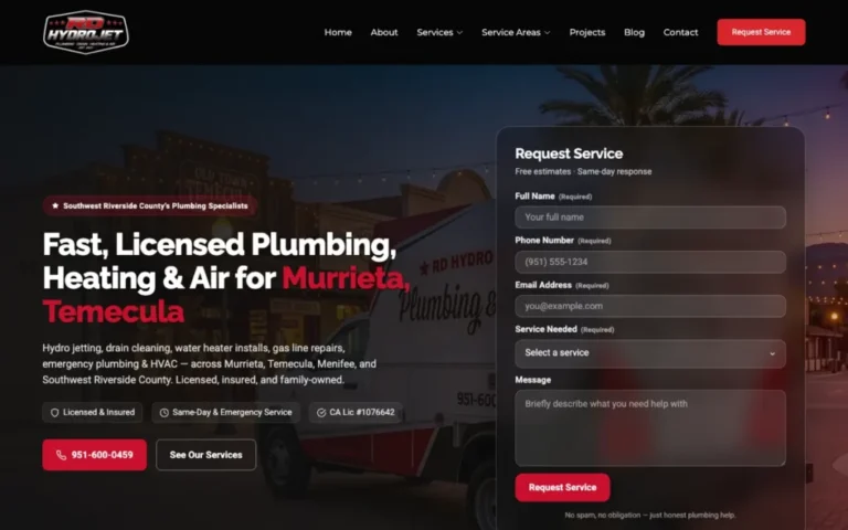 The RD Hydrojet homepage with the phone number, a Request Service form, licensing badges and same-day emergency service all above the fold