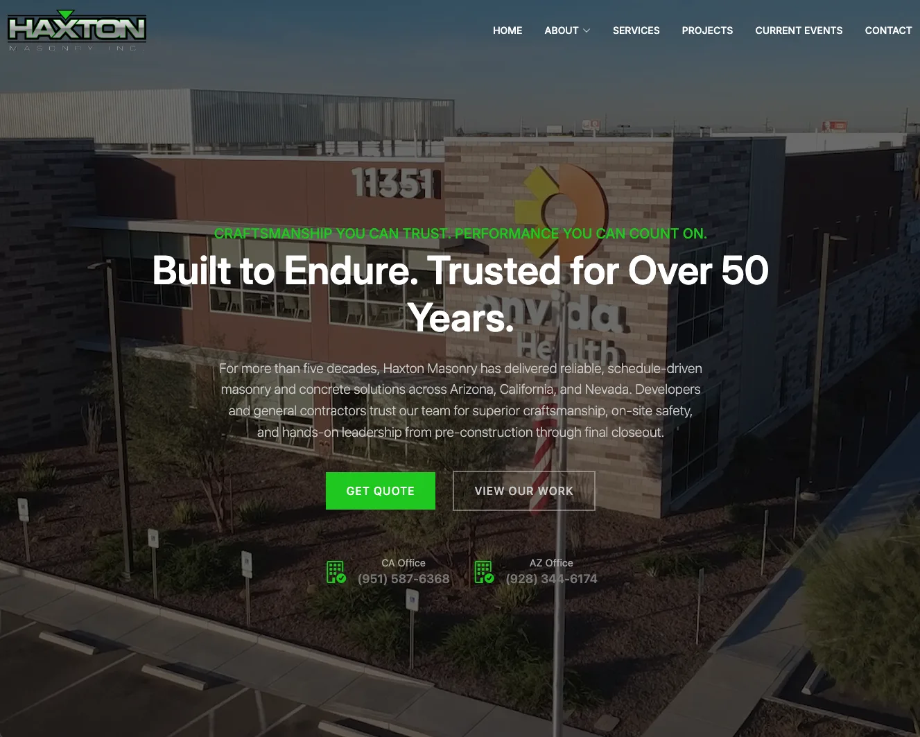 Haxton Masonry homepage on desktop, with an aerial photo of a completed commercial building