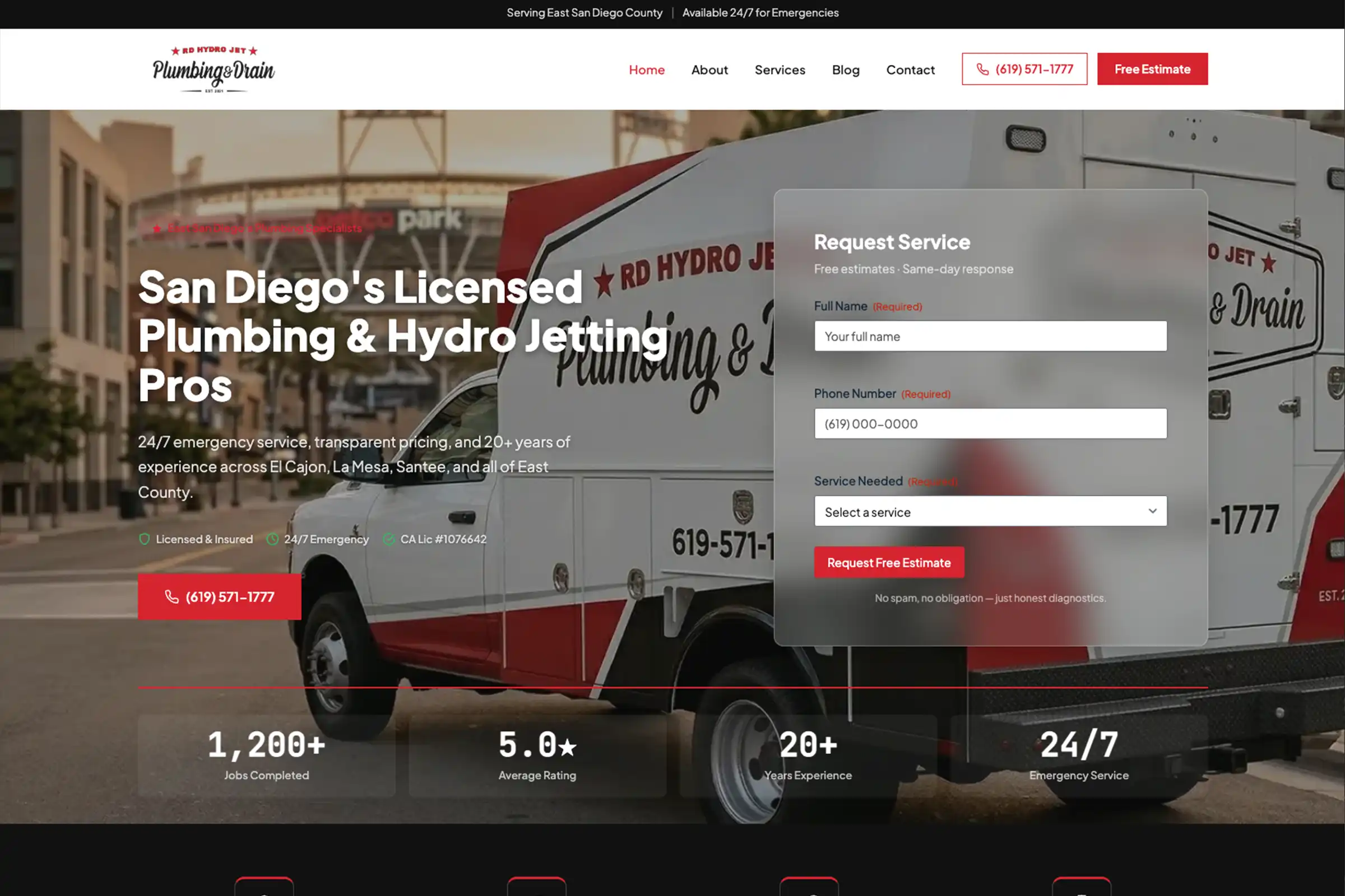 RD Hydrojet East homepage showing its plumbing services, service vehicle and estimate-request form.