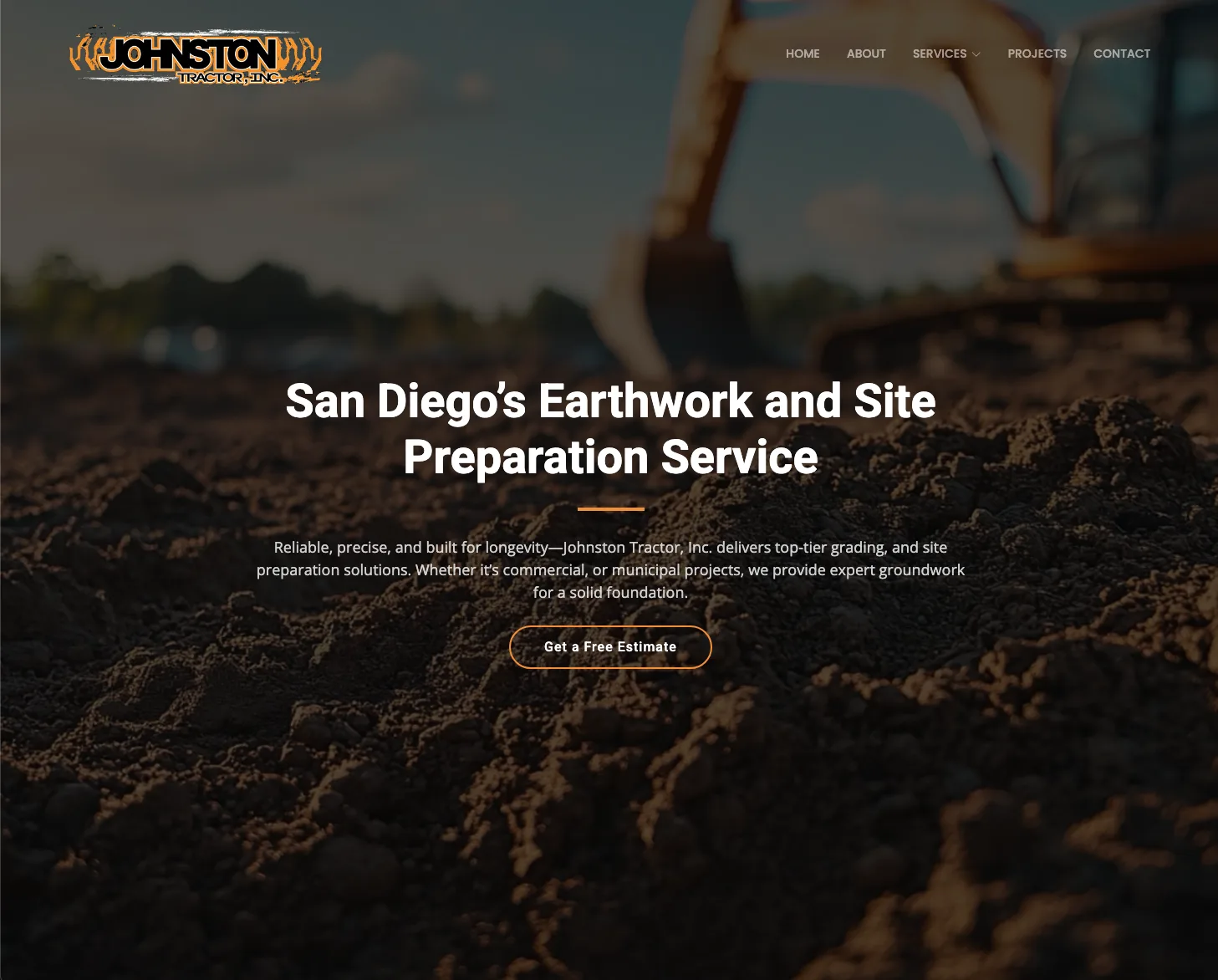 Johnston Tractor homepage on desktop, with an earthwork and site preparation headline over a soil photo