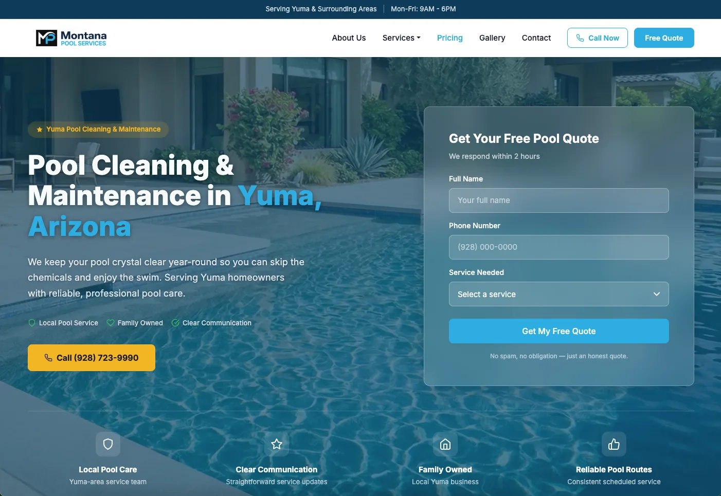 Montana Pool Services homepage on desktop, with a pool photo and a free quote form