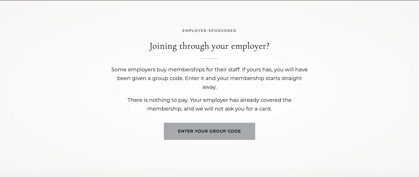 The employer-sponsored section on the plans page, with the group code button