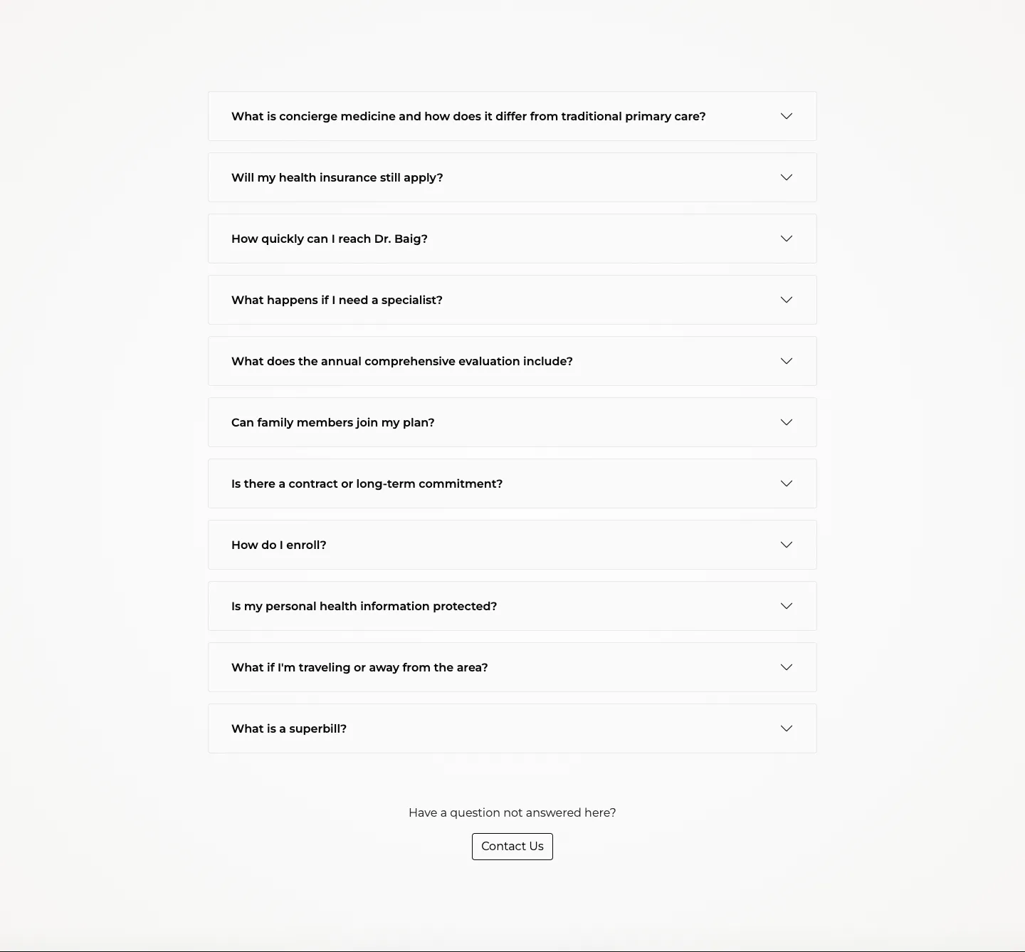 The Baig Medical Group FAQ page with questions about insurance and superbills