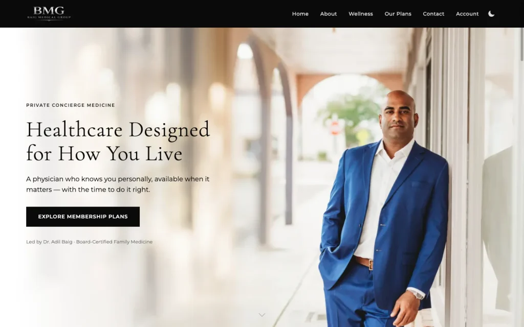 The Baig Medical Group homepage with the headline “Healthcare Designed for How You Live” and a button to explore membership plans