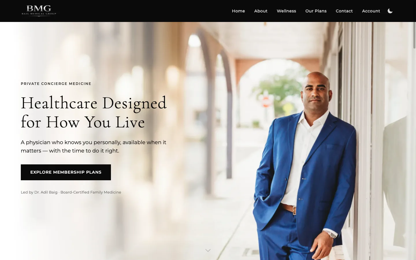 The Baig Medical Group homepage with the headline "Healthcare Designed for How You Live" and a button to explore membership plans