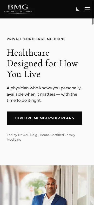 The Baig Medical Group homepage on a phone