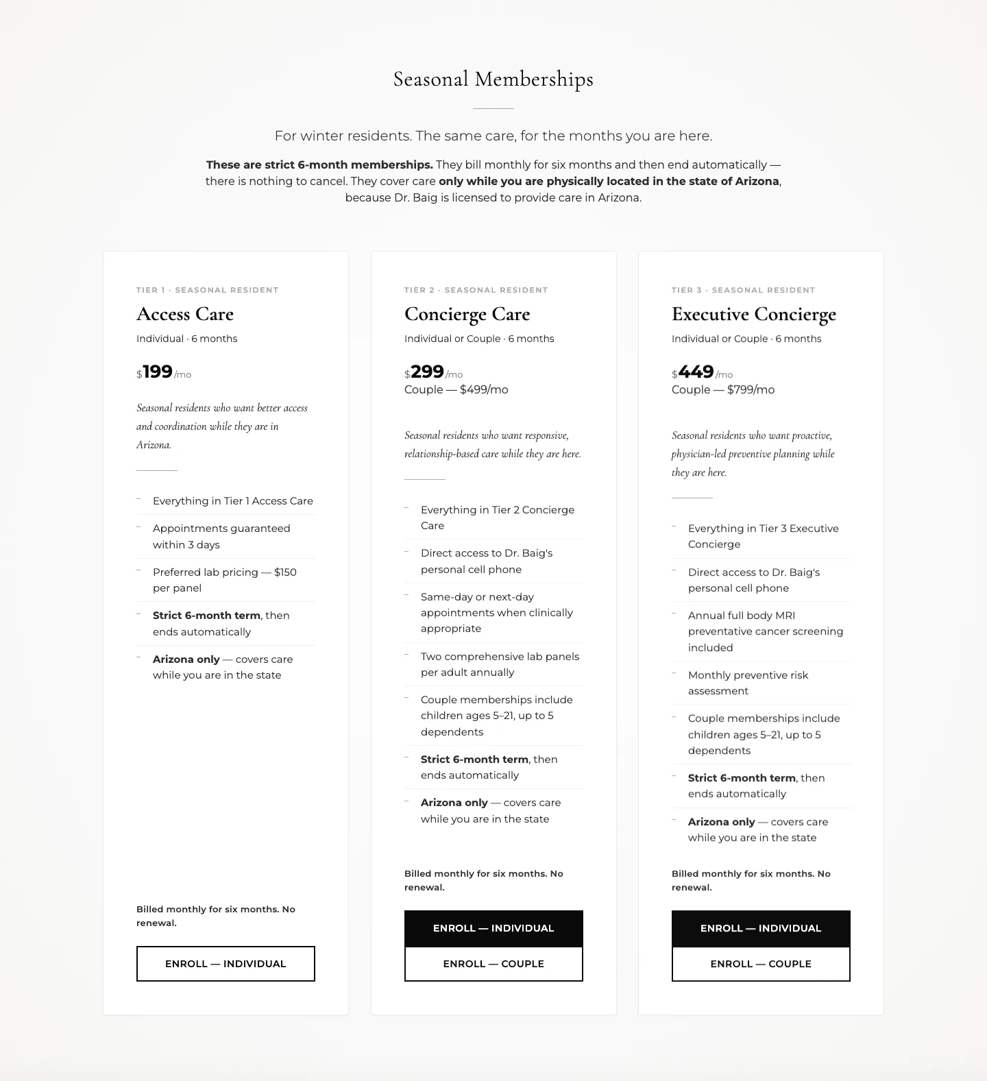 The seasonal memberships section for winter residents
