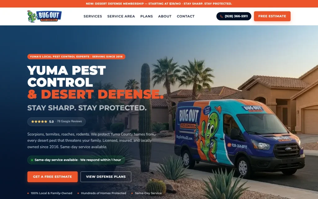 The Bug Out Pest Control homepage with a Yuma headline, phone number and free estimate button above the fold