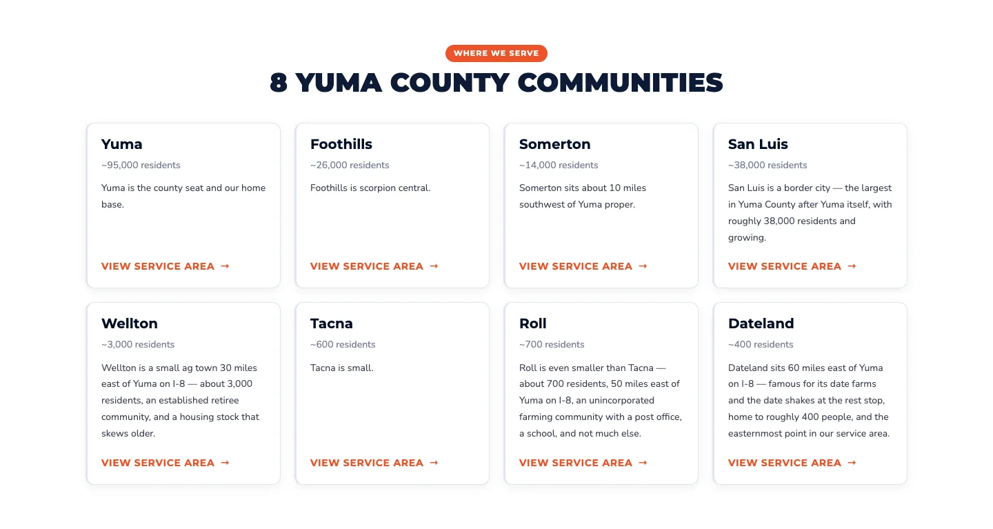 The Bug Out service area page with cards for eight Yuma County towns