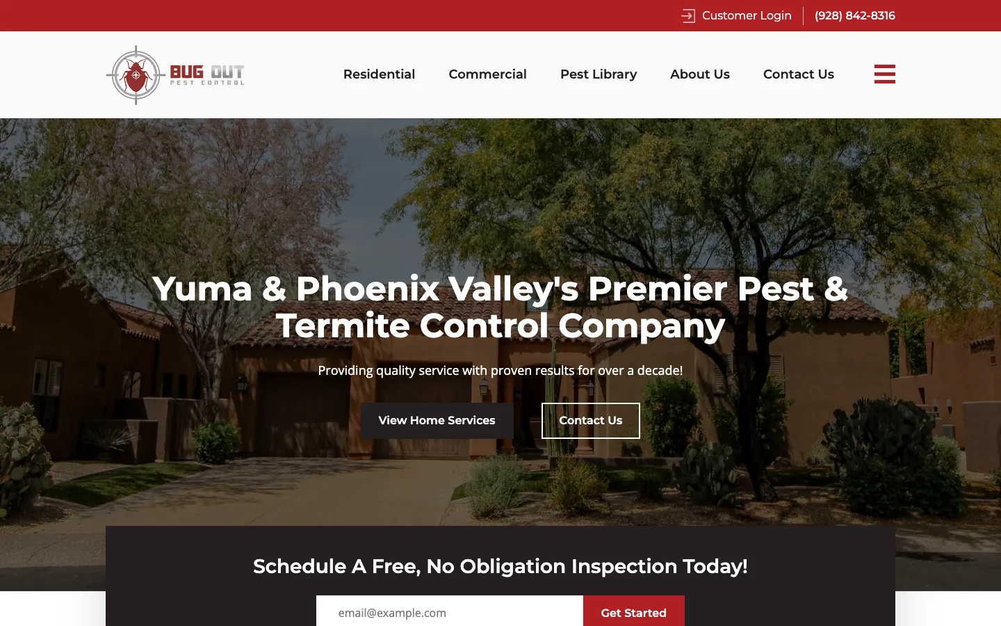 The previous Bug Out Pest Control homepage first screen, with a Yuma and Phoenix Valley headline and an email field to schedule an inspection