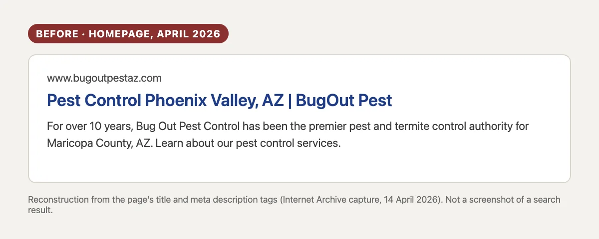 A labeled reconstruction of the previous homepage title and meta description, which named Phoenix Valley and Maricopa County