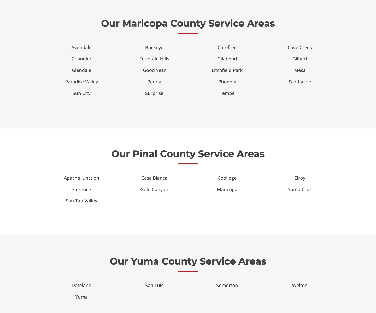 The previous where we service page, listing Maricopa, Pinal and Yuma County towns on a single page