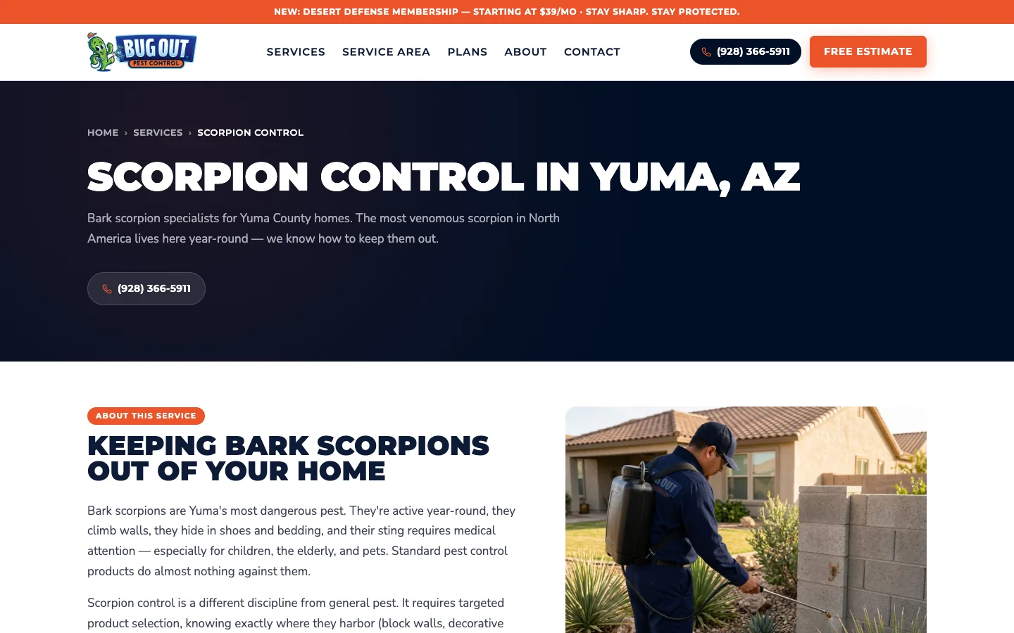 The Bug Out scorpion control page with a Yuma bark scorpion headline and a free estimate button