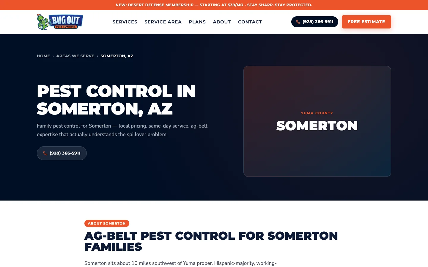 The Bug Out Somerton page first screen with a Pest Control in Somerton, AZ headline