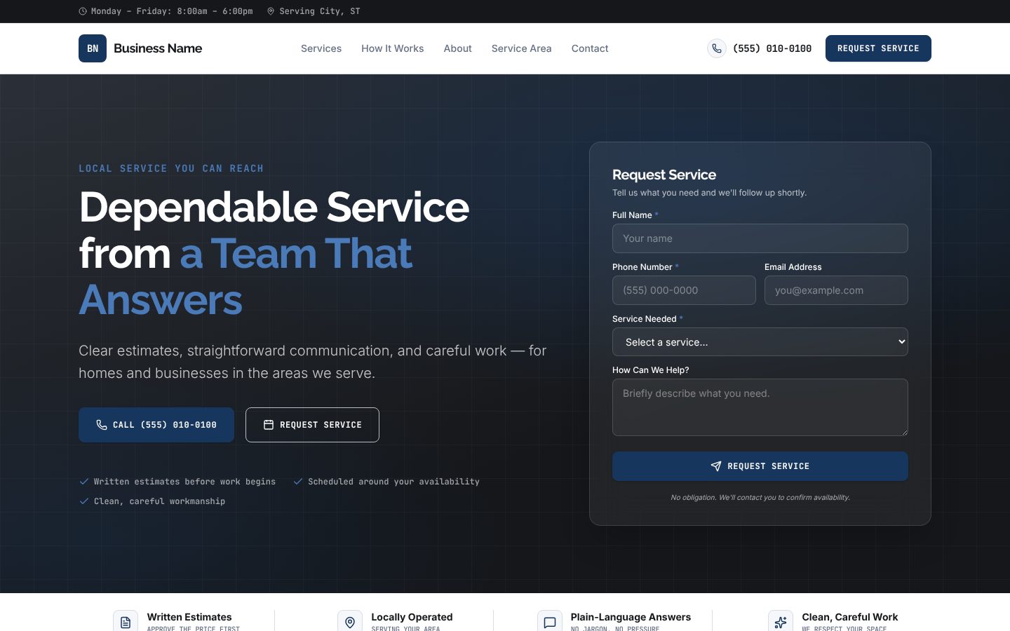Design 01 demo: navy homepage with a request form beside the headline