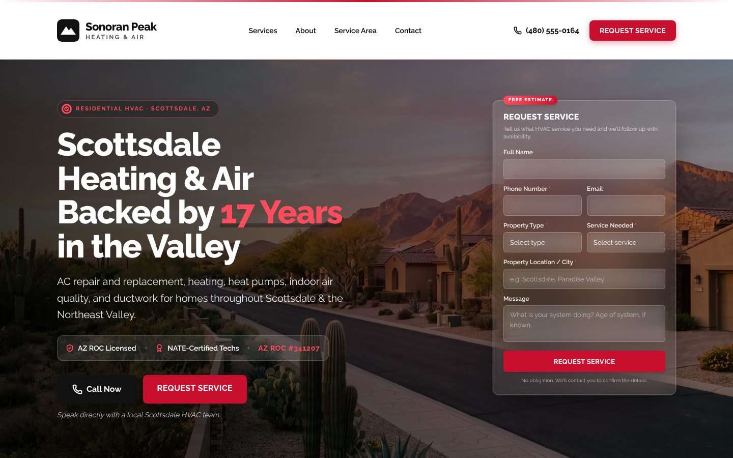 Design 02 demo: dark homepage with a red request button and form