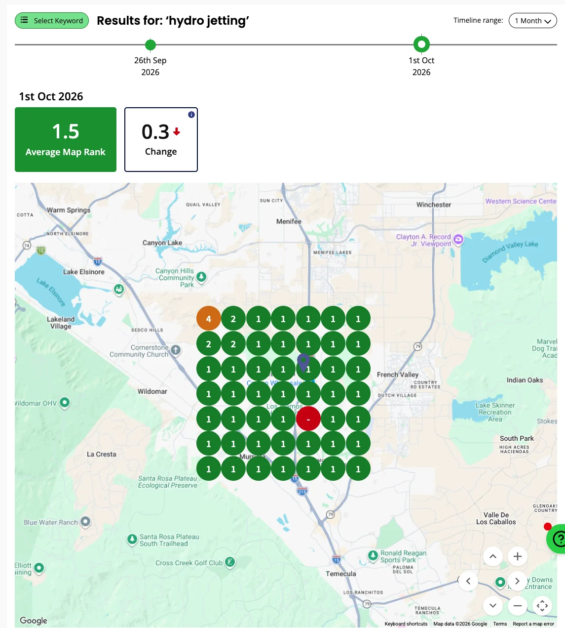 Local Falcon map-grid scan for hydro jetting around RD Hydrojet’s Murrieta shop, first at 44 of 49 points