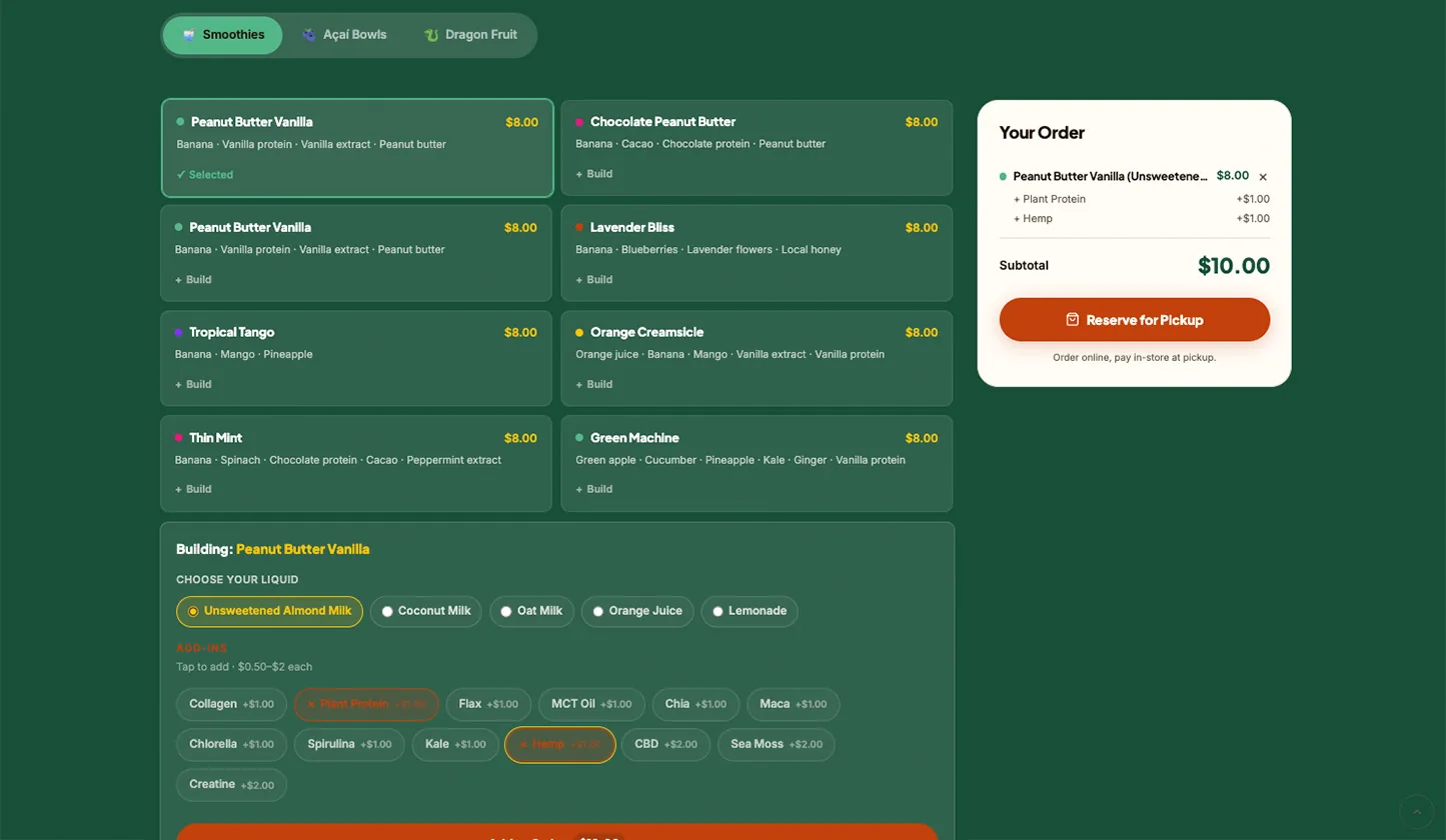 The Sunshine Herbs pickup order pad with category tabs, a required liquid choice, add-ins and a running order summary