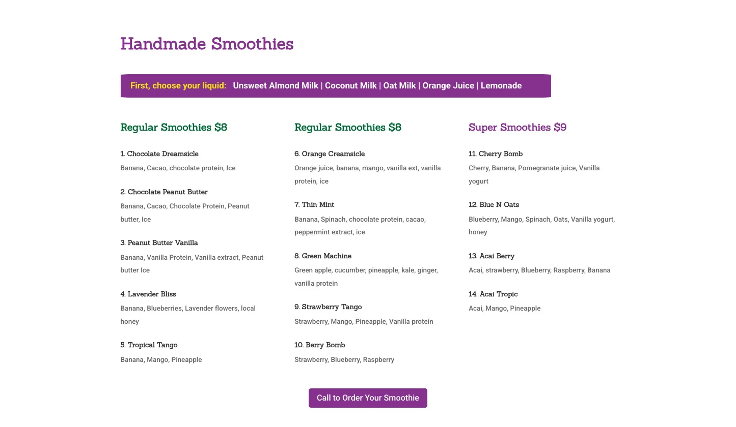 The previous Sunshine Herbs smoothie menu as static text, with the liquid choice in a banner and a Call to Order button