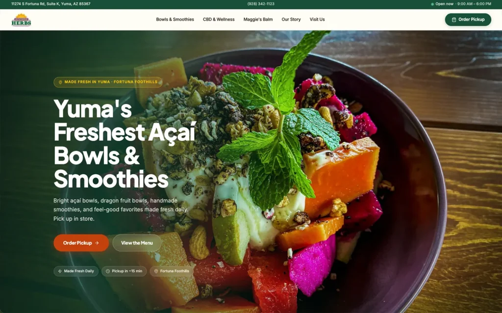 The Sunshine Herbs homepage with the store address, phone, live open status and Order Pickup button above the fold