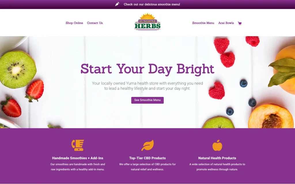 The previous Sunshine Herbs homepage first screen, with a Start Your Day Bright headline and a single See Smoothie Menu button