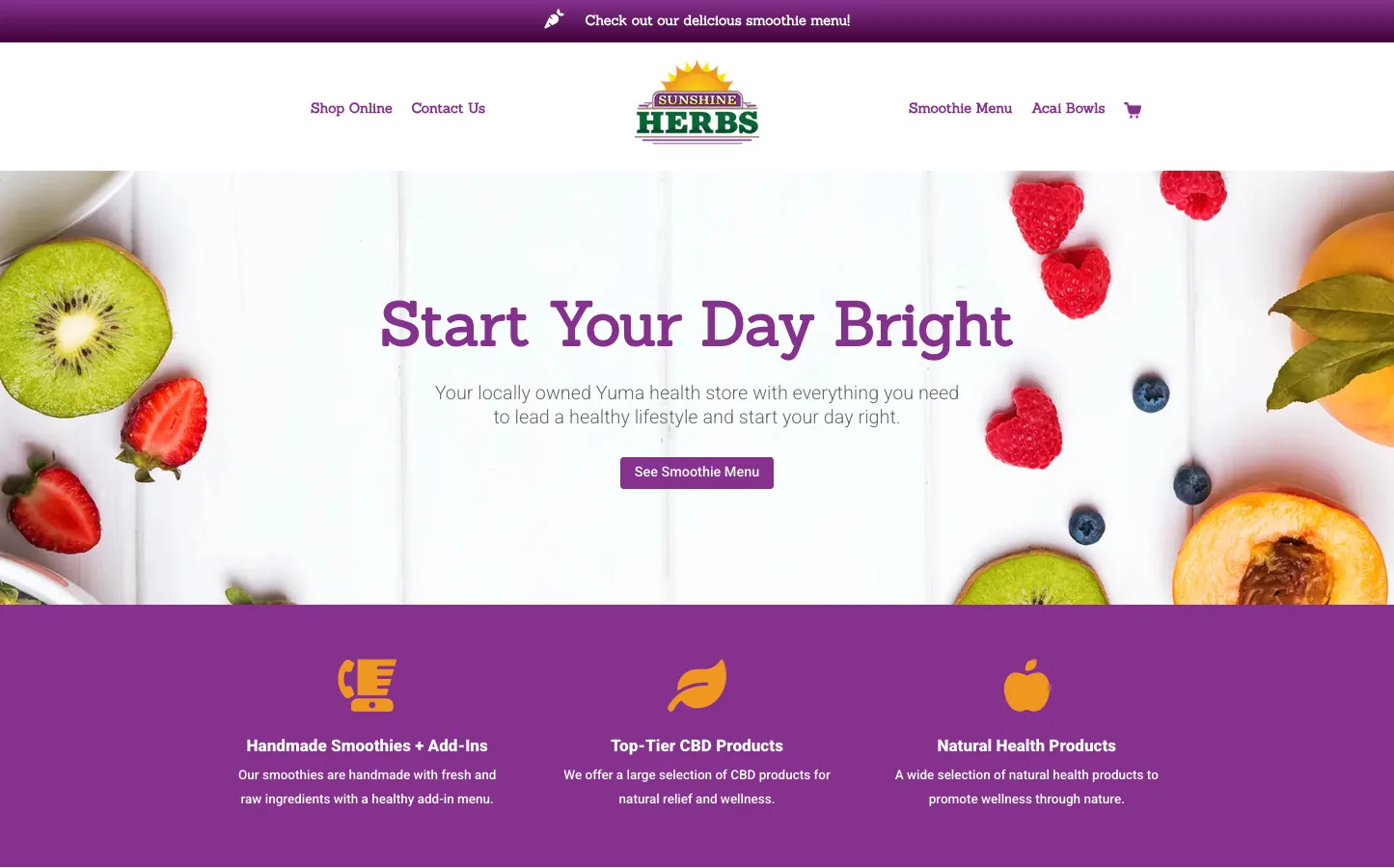 The previous Sunshine Herbs homepage first screen, with a Start Your Day Bright headline and a single See Smoothie Menu button
