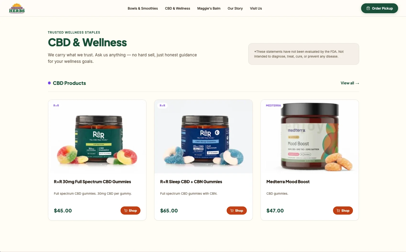 The Sunshine Herbs CBD and Wellness category page, with the FDA disclaimer displayed beside the page heading and product cards below